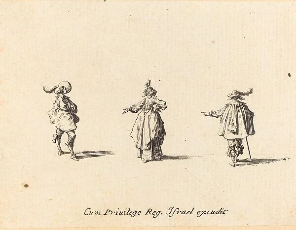 Lady with Outstretched Arm, and Two Gentlemen, probably 1634. Creator: Jacques Callot