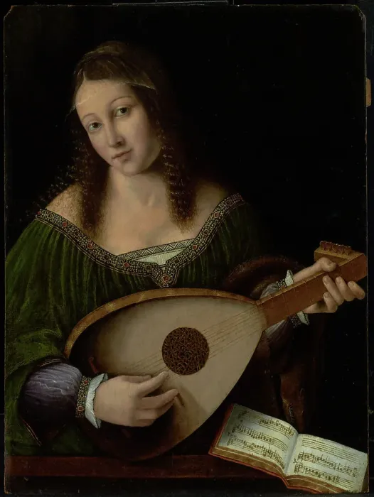 Framed Print : Lady Playing a Lute, about 1530. Creators: Bartolommeo Veneto, Workshop of Bartolomeo Veneto Framed Print : Lady Playing a Lute, about 1530. Creators: Bartolommeo Veneto, Workshop of Bartolomeo Veneto