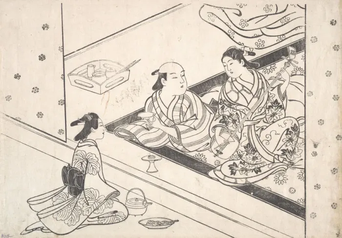 Framed Print : Lady Playing Shamisen, with Her Lover and Attendant Nearby. Creator: Nishikawa Sukenobu Framed Print : Lady Playing Shamisen, with Her Lover and Attendant Nearby. Creator: Nishikawa Sukenobu