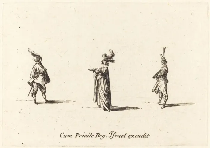Framed Print : Lady with Plumed Hat, and Two Gentlemen, probably 1634. Creator: Jacques Callot Framed Print : Lady with Plumed Hat, and Two Gentlemen, probably 1634. Creator: Jacques Callot