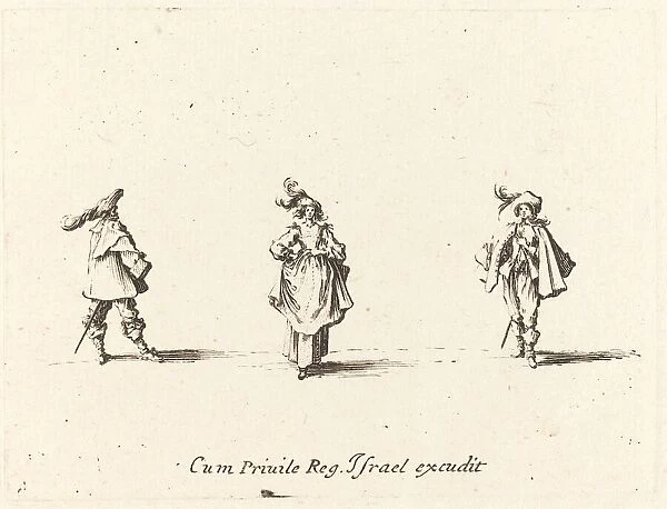 Lady with Plumes, and Two Gentlemen, probably 1634. Creator: Jacques Callot