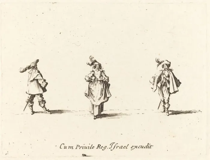 Framed Print : Lady with Plumes, and Two Gentlemen, probably 1634. Creator: Jacques Callot Framed Print : Lady with Plumes, and Two Gentlemen, probably 1634. Creator: Jacques Callot