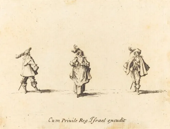 Framed Print : Lady with Plumes, and Two Gentlemen, probably 1634. Creator: Jacques Callot Framed Print : Lady with Plumes, and Two Gentlemen, probably 1634. Creator: Jacques Callot