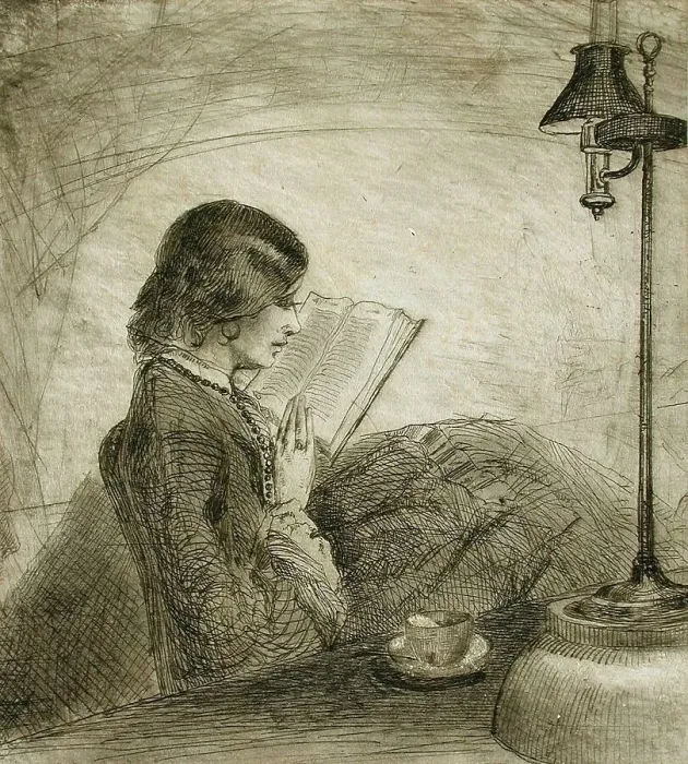 Framed Print : A Lady Reading, 1858. Creator: Francis Seymour Haden Framed Print : A Lady Reading, 1858. Creator: Francis Seymour Haden