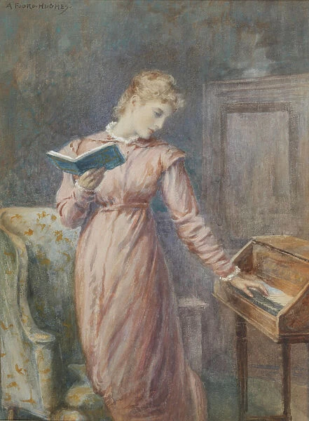 A lady reading while playing the spinet. Creator: Hughes, Arthur Foord (1856-1934)