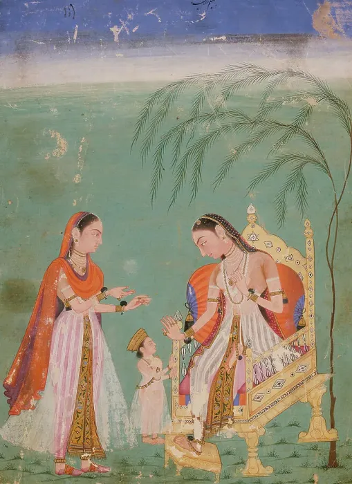Framed Print : Lady Receiving a Child and Her Maid, c1640. Creator: Unknown Framed Print : Lady Receiving a Child and Her Maid, c1640. Creator: Unknown