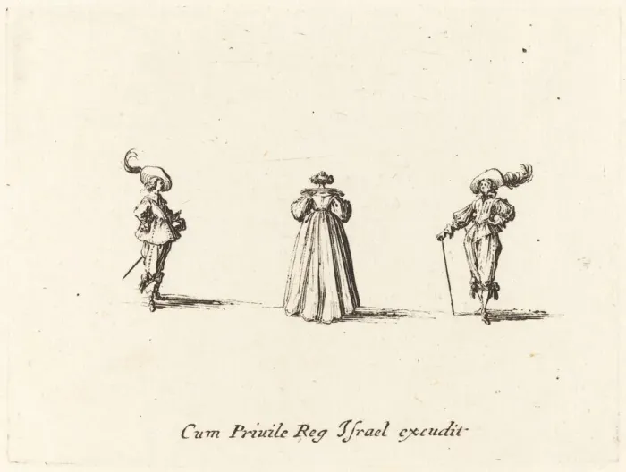 Framed Print : Lady Seen from Behind, and Two Gentlemen, probably 1634. Creator: Jacques Callot Framed Print : Lady Seen from Behind, and Two Gentlemen, probably 1634. Creator: Jacques Callot