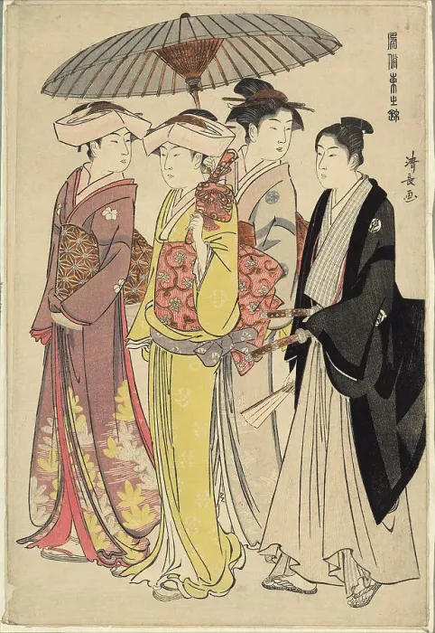 Framed Print : A Lady with Three Servants, from the series A Brocade of Eastern Manners (Fuzoku... c.1783 / 84. Creator: Torii Kiyonaga. A Lady with Three Servants, from the series A Brocade of Eastern Manners (Fuzoku... c.1783 / 84) Framed Print : A Lady with Three Servants, from the series A Brocade of Eastern Manners (Fuzoku... c.1783 / 84. Creator: Torii Kiyonaga. A Lady with Three Servants, from the series A Brocade of Eastern Manners (Fuzoku... c.1783 / 84)