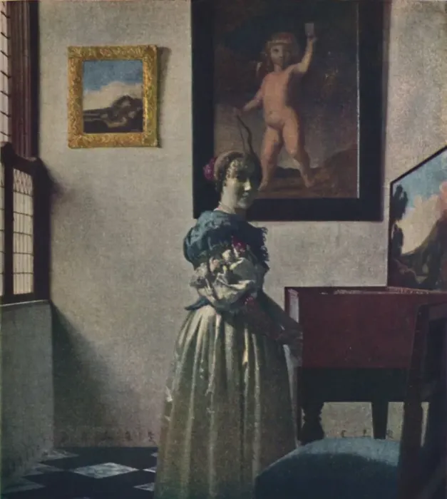 Framed Print : A Lady Standing at the Virginals, c1670-1672, (c1950). Creator: Jan Vermeer Framed Print : A Lady Standing at the Virginals, c1670-1672, (c1950). Creator: Jan Vermeer