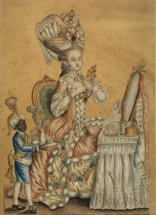 Framed Print : Lady at a Toilette with a black boy, 1770s. Artist: Anonymous Framed Print : Lady at a Toilette with a black boy, 1770s. Artist: Anonymous