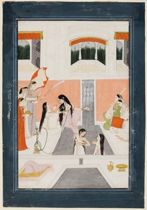 Framed Print : A lady at her toilette listens to music by the side of a palace water cascade, c. 1780 Framed Print : A lady at her toilette listens to music by the side of a palace water cascade, c. 1780