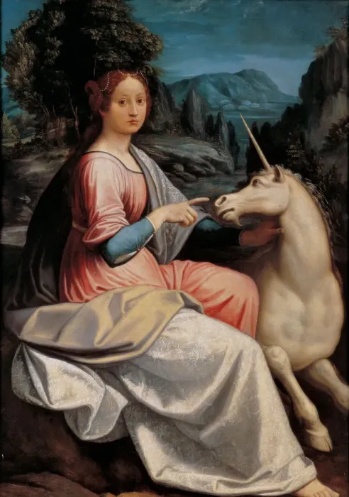 Framed Print : Lady and the Unicorn, 1534-1540. Creator: Longhi, Luca (1507-1580) Framed Print : Lady and the Unicorn, 1534-1540. Creator: Longhi, Luca (1507-1580)