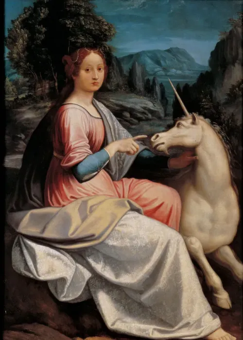 Framed Print : Lady and the Unicorn, 1534-1540. Creator: Longhi, Luca (1507-1580) Framed Print : Lady and the Unicorn, 1534-1540. Creator: Longhi, Luca (1507-1580)