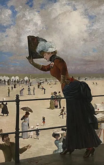 Framed Print : Lady on the walkway of a seaside resort, 1883 Framed Print : Lady on the walkway of a seaside resort, 1883