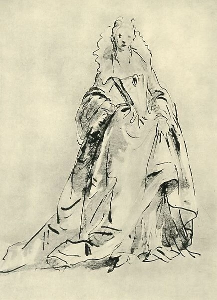 A lady wearing a gown with high collar and pointed bodice, early 18th century, (1943)