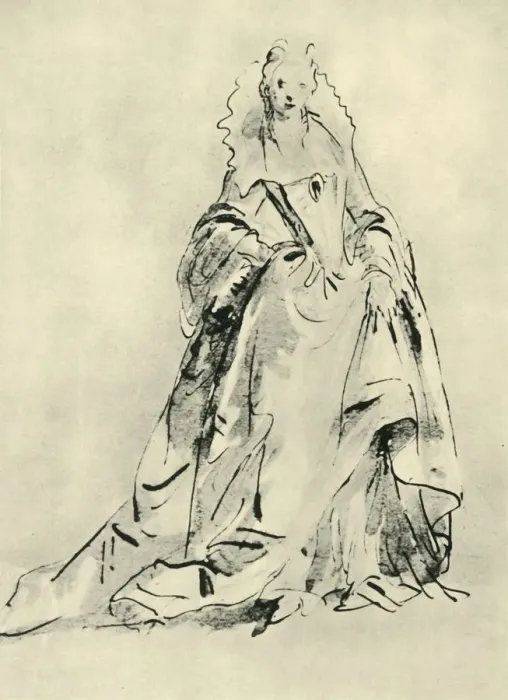 Framed Print : A lady wearing a gown with high collar and pointed bodice, early 18th century, (1943) Framed Print : A lady wearing a gown with high collar and pointed bodice, early 18th century, (1943)