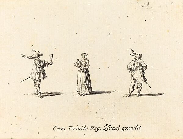 Lady with Wine Bottle, and Two Gentlemen, probably 1634. Creator: Jacques Callot