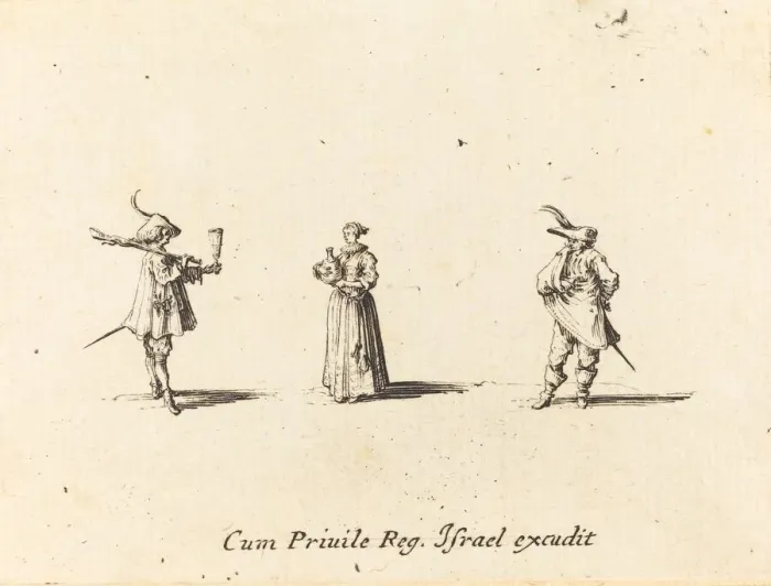 Framed Print : Lady with Wine Bottle, and Two Gentlemen, probably 1634. Creator: Jacques Callot Framed Print : Lady with Wine Bottle, and Two Gentlemen, probably 1634. Creator: Jacques Callot