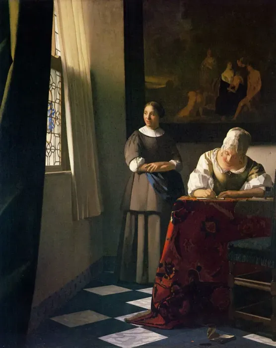 Framed Print : Lady Writing a Letter with her Maid. Artist: Vermeer, Jan (Johannes) (1632-1675) Framed Print : Lady Writing a Letter with her Maid. Artist: Vermeer, Jan (Johannes) (1632-1675)