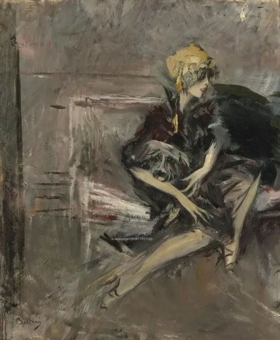 Framed Print : Lady In A Yellow Hat With Her Dog (Marchesa Casati). Artist: Boldini, Giovanni (1842-1931) Framed Print : Lady In A Yellow Hat With Her Dog (Marchesa Casati). Artist: Boldini, Giovanni (1842-1931)