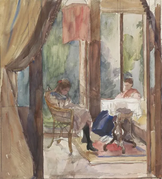 Framed Print : Lady and a young girl, both reading in the conservatory of the house at Riouwstraat 6... 1872-1950. Creator: Barbara Elisabeth van Houten Framed Print : Lady and a young girl, both reading in the conservatory of the house at Riouwstraat 6... 1872-1950. Creator: Barbara Elisabeth van Houten