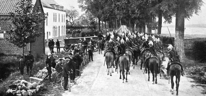 Framed Print : L'aide Francaise a la Belgique; nos escadrons ont pris contact avec la cavalerie allemande, 1914.. Creator: Unknown Framed Print : L'aide Francaise a la Belgique; nos escadrons ont pris contact avec la cavalerie allemande, 1914.. Creator: Unknown
