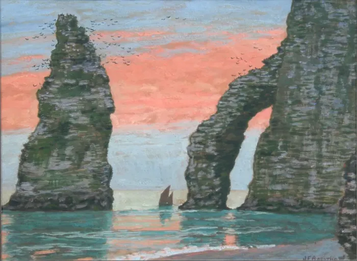 Framed Print : L'Aiguille d'Étretat, ciel rouge, ca 1899. Creator: Auburtin, Jean Francis (1866-1930) Framed Print : L'Aiguille d'Étretat, ciel rouge, ca 1899. Creator: Auburtin, Jean Francis (1866-1930)