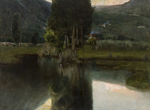 Lake with cypresses and houses, 1923. Creator: Wolf Ferrari, Teodoro (1878-1945)