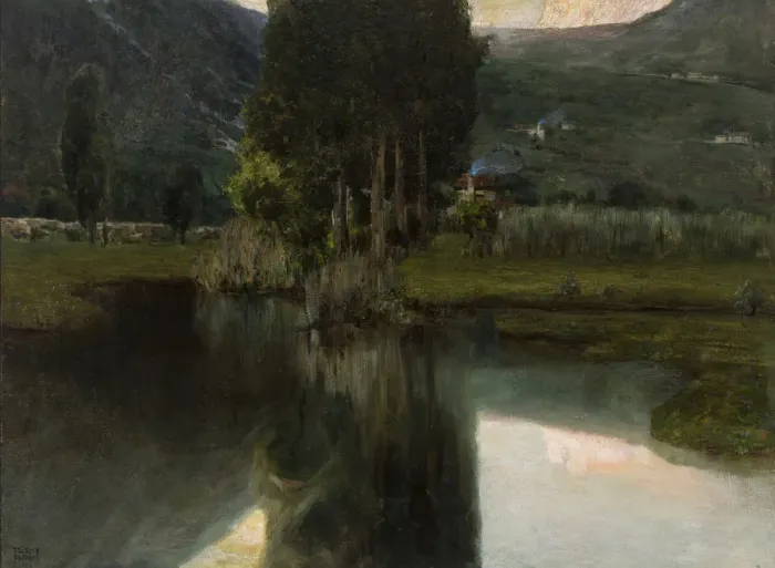 Framed Print : Lake with cypresses and houses, 1923. Creator: Wolf Ferrari, Teodoro (1878-1945) Framed Print : Lake with cypresses and houses, 1923. Creator: Wolf Ferrari, Teodoro (1878-1945)