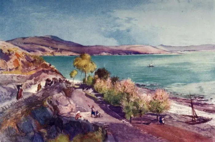 Framed Print : The Lake of Galilee, Looking North from Tiberias, 1902. Creator: John Fulleylove Framed Print : The Lake of Galilee, Looking North from Tiberias, 1902. Creator: John Fulleylove