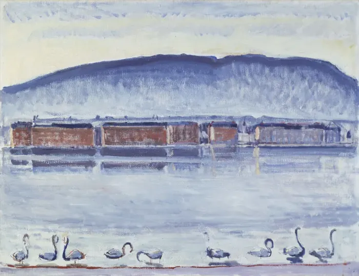 Framed Print : Lake Geneva with Mont Saleve and Swans. Artist: Hodler, Ferdinand (1853-1918) Framed Print : Lake Geneva with Mont Saleve and Swans. Artist: Hodler, Ferdinand (1853-1918)