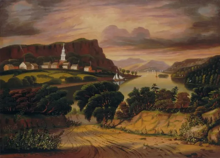 Framed Print : Lake George and the Village of Caldwell, mid 19th century. Creator: Thomas Chambers Framed Print : Lake George and the Village of Caldwell, mid 19th century. Creator: Thomas Chambers