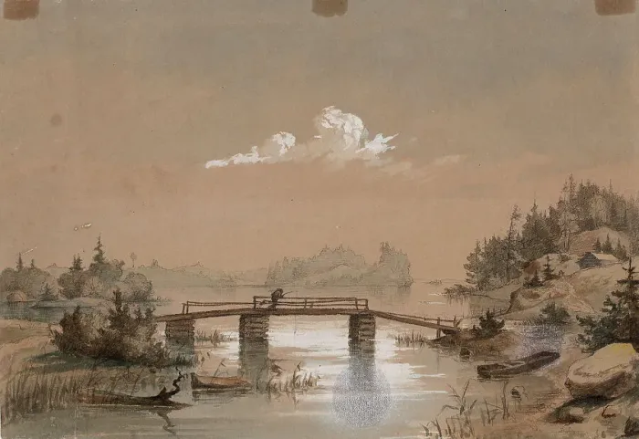 Framed Print : Lake Landscape, Man Angling on a Bridge, 1848-1860. Creator: Werner Holmberg Framed Print : Lake Landscape, Man Angling on a Bridge, 1848-1860. Creator: Werner Holmberg