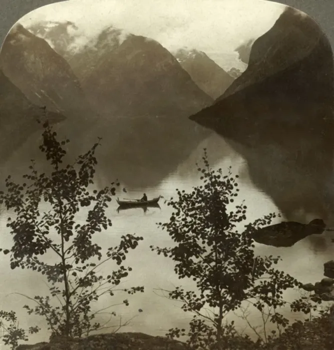 Framed Print : Lake Loen - fed by glaciers on its cloud-capped mountain shores - Norway, c1905 Framed Print : Lake Loen - fed by glaciers on its cloud-capped mountain shores - Norway, c1905