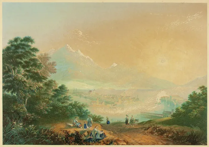 Framed Print : Lake Lucerne, Switzerland, 1857. Creator: George Baxter Framed Print : Lake Lucerne, Switzerland, 1857. Creator: George Baxter