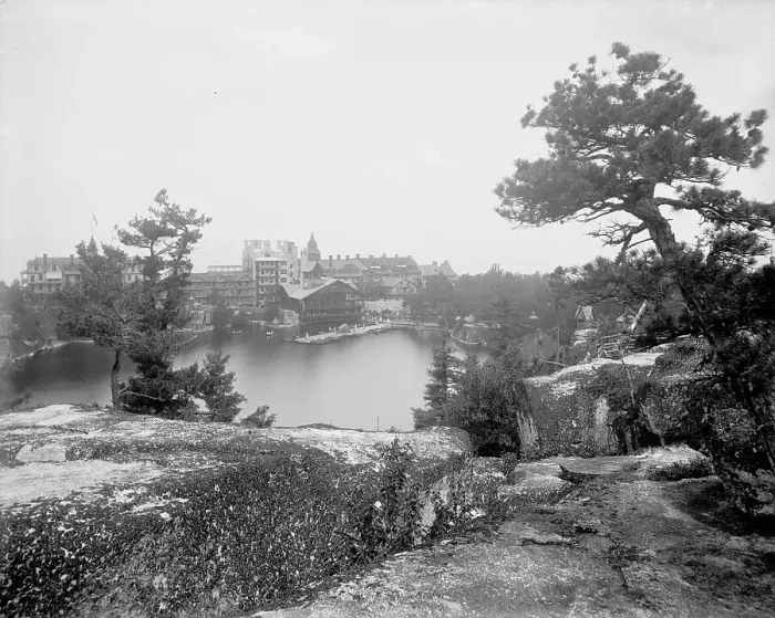 Framed Print : Lake Mohonk Mountain House, N.Y. from near trail to Sky Top, between 1895 and 1910. Creator: Unknown Framed Print : Lake Mohonk Mountain House, N.Y. from near trail to Sky Top, between 1895 and 1910. Creator: Unknown