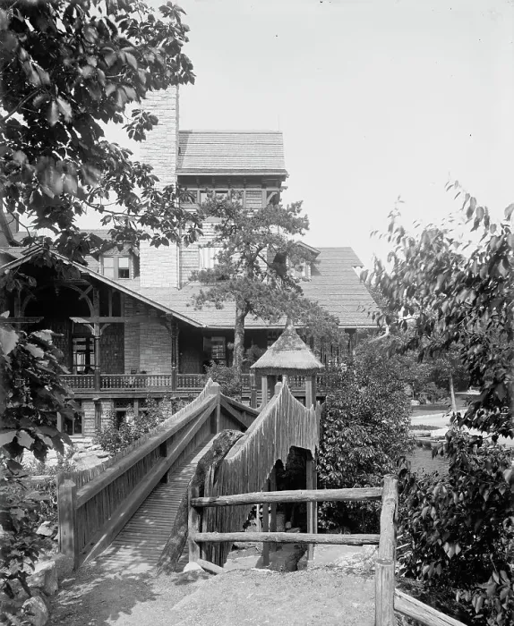 Framed Print : Lake Mohonk Mountain House, N.Y. rustic bridge, between 1895 and 1910. Creator: Unknown Framed Print : Lake Mohonk Mountain House, N.Y. rustic bridge, between 1895 and 1910. Creator: Unknown