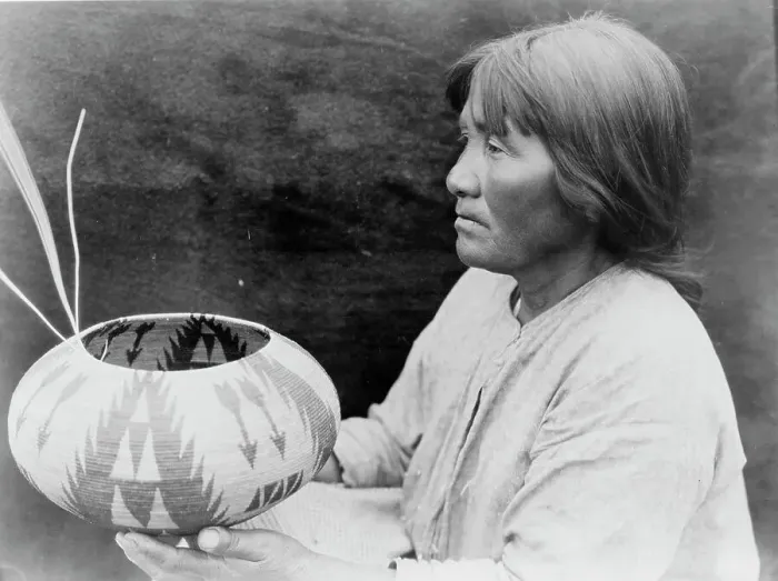 Framed Print : A Lake Mono basket-maker, c1924. Creator: Edward Sheriff Curtis Framed Print : A Lake Mono basket-maker, c1924. Creator: Edward Sheriff Curtis