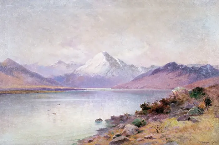 Framed Print : Lake and mountain, (1910s?). Creator: William Menzies Gibb Framed Print : Lake and mountain, (1910s?). Creator: William Menzies Gibb