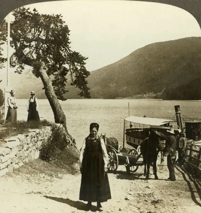 Framed Print : When the lake steamer calls at Tinoset pier - view across Tinsjo to the hills, Norwway, c1905 Framed Print : When the lake steamer calls at Tinoset pier - view across Tinsjo to the hills, Norwway, c1905