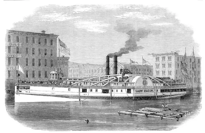 Framed Print : The lake steamer Lady Elgin, as she lay at her wharf at Chicago on the day before she... 1860. Creator: Unknown. The lake steamer Lady Elgin, as she lay at her wharf at Chicago on the day before she... 1860. Creator: Unknown Framed Print : The lake steamer Lady Elgin, as she lay at her wharf at Chicago on the day before she... 1860. Creator: Unknown. The lake steamer Lady Elgin, as she lay at her wharf at Chicago on the day before she... 1860. Creator: Unknown