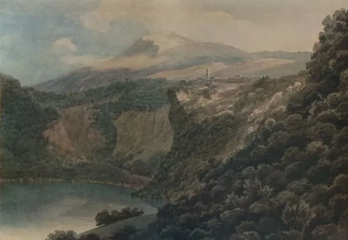Framed Print : The Lake and Town of Nemi, 1778. Artist: John Robert Cozens Framed Print : The Lake and Town of Nemi, 1778. Artist: John Robert Cozens