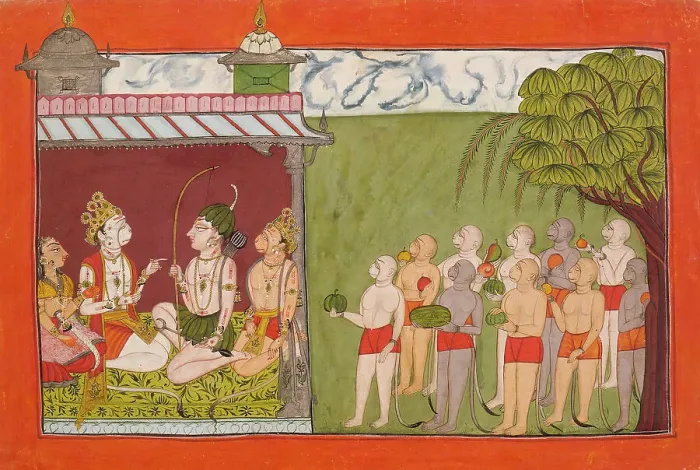 Framed Print : Lakshmana Meets with Tara, Sugriva, and Hanuman in the Palace of Kishkandha... c1700. Creator: Unknown Framed Print : Lakshmana Meets with Tara, Sugriva, and Hanuman in the Palace of Kishkandha... c1700. Creator: Unknown