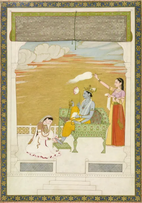 Framed Print : Lakshmi massaging the foot of Vishnu, ca. 1765-1770. Creators: Nainsukh, Manju Framed Print : Lakshmi massaging the foot of Vishnu, ca. 1765-1770. Creators: Nainsukh, Manju