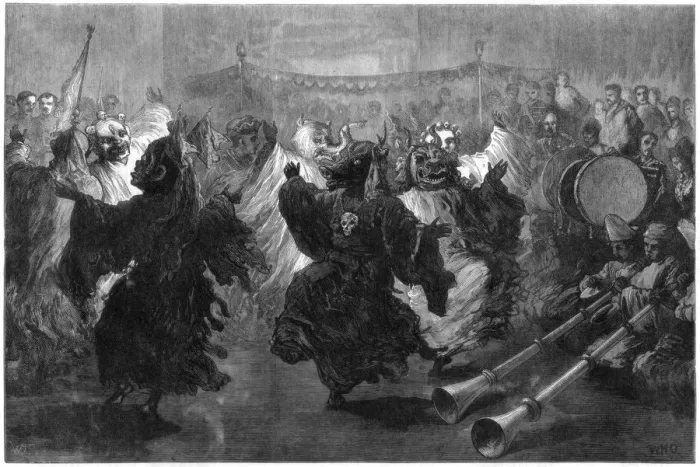 Framed Print : Lama dance at Jummoo, performed before the Prince of Wales, 1876 Framed Print : Lama dance at Jummoo, performed before the Prince of Wales, 1876