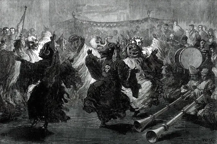 Framed Print : Lama Dance at Jummoo, performed before the Prince of Wales...1876. Creator: W. H. O Framed Print : Lama Dance at Jummoo, performed before the Prince of Wales...1876. Creator: W. H. O