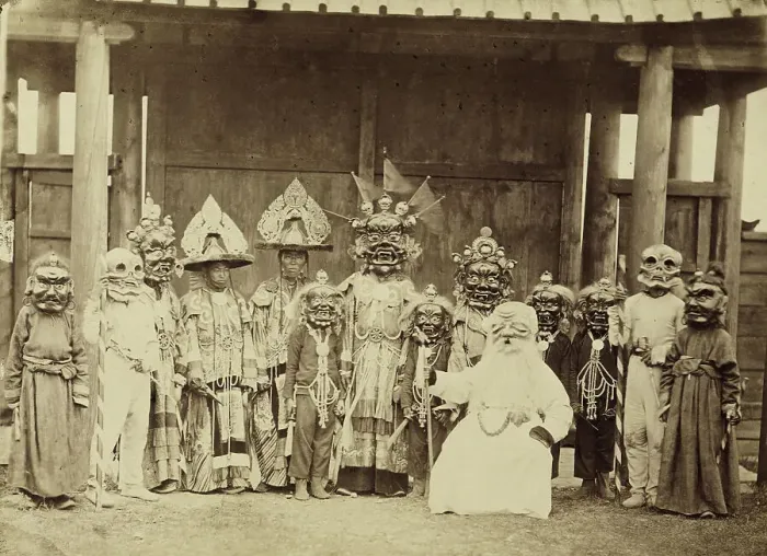 Framed Print : Lamas in masks and costumes participating in a religious dance (tsam)... 1880-1889. Creator: Peter Adamovich Milevskiy Framed Print : Lamas in masks and costumes participating in a religious dance (tsam)... 1880-1889. Creator: Peter Adamovich Milevskiy
