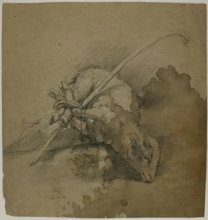 Framed Print : Lamb Bound to Shepherd's Crook (recto); Seated Academic Male Nude, From Back... n.d. Creator: School of Giovanni Battista Piazzetta Framed Print : Lamb Bound to Shepherd's Crook (recto); Seated Academic Male Nude, From Back... n.d. Creator: School of Giovanni Battista Piazzetta