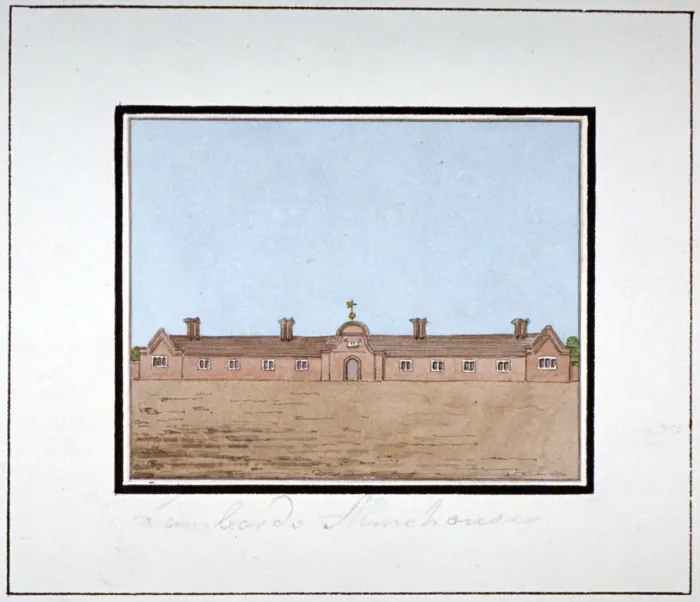 Framed Print : The Lambarde Almshouses, Greenwich Park, London, c1790 Framed Print : The Lambarde Almshouses, Greenwich Park, London, c1790