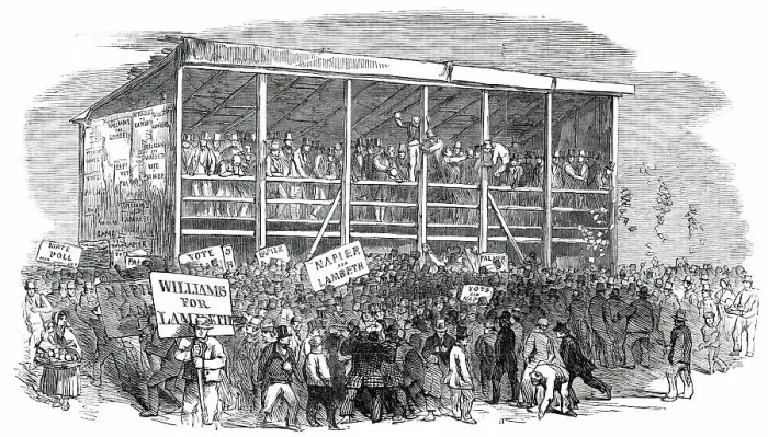 Framed Print : The Lambeth Election - the Hustings on Kennington Common, 1850. Creator: Unknown Framed Print : The Lambeth Election - the Hustings on Kennington Common, 1850. Creator: Unknown